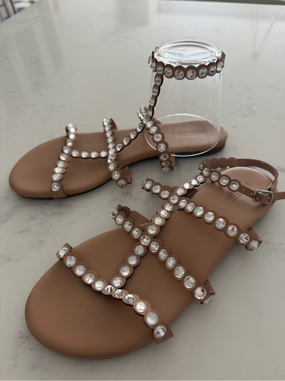 Forever 21 Tan Rhinestone T-Strap Flat Sandals